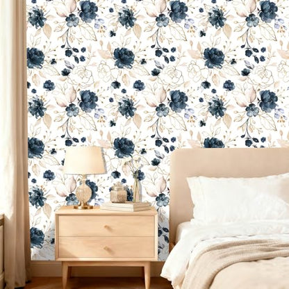 Navy Blue Floral Peel and Stick Wallpaper 17.7"x118" - color: Navy Blue/White/Gold/Beige, size: 17.7" x 118"