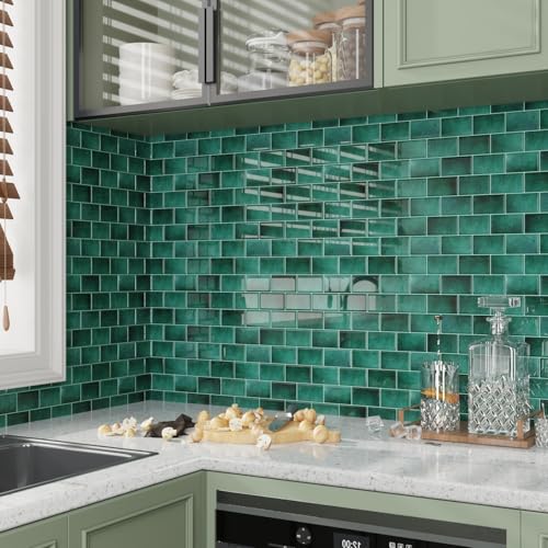 CRE8TIVE 16 Sheets Peel and Stick Subway Tile Green Backsplash Tiles for Kitchen Peel and Stick Tile Stickers Waterproof 12"x12" Renter Friendly Back Splash Stick on Tiles for Bathroom Wall Fireplace - size: 12"x12" (16-Sheets)