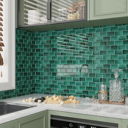 CRE8TIVE 4 Sheets Green Subway Tile Peel and Stick Backsplash for Kitchen Wall 12"x12" 3D Stone Wall Tiles Adhesive Stick on Backsplash Peel and Stick Shower Tile Waterproof for Bathroom Laundry Room - size: 12"x12" (4-Sheets)