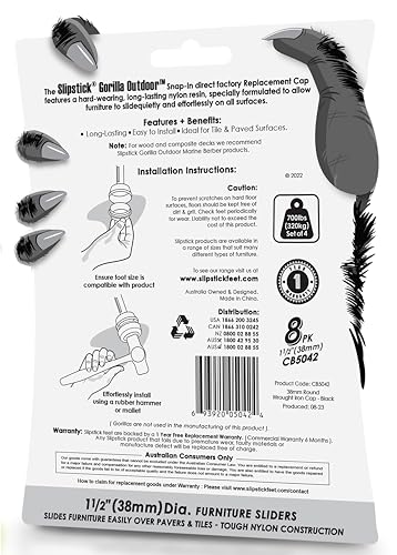 Slipstick Gorilla Outdoor 1-1/2 Inch Patio Chair Leg Caps for Wrought Iron Furniture (8 Pack) Floor Protecting Replacement Feet Glides for Metal Tables and Chairs, Nylon Sliders