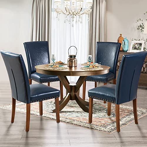 Parsons Dining Chairs Set of 2, Upholstered Nailhead PU Leather Dining Room Kitchen Side Chair with Thick Cushions and Wood Legs, Blue - color: Blue, size: set of 2