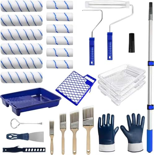 28 PCS Paint Roller Kit with Extension Pole, 4"and 9" Paint Roller, Including Gloves, Paint Tray, Flat Paint Brush, Scraper, etc., for Professional House Painting & Oil Paints