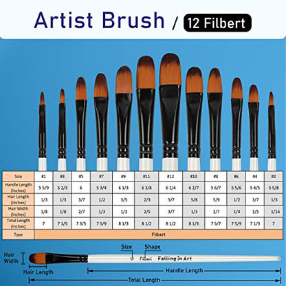 Falling in Art 12 PCS Professional Filbert Paint Brushes Set - style: 12 Pcs Filbert