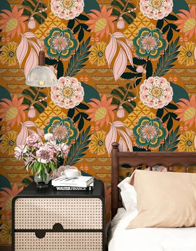 Floralplus Wallpaper Peel and Stick Renter Friendly Textured Wallpaper Boho - color: Orange