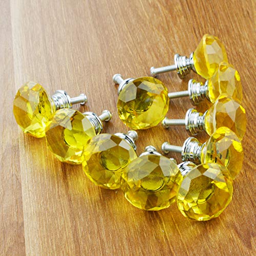 Crystal Glass Cabinet Knobs 30mm Diamond Shape Drawer Kitchen Cabinets Dresser Cupboard Wardrobe Pulls Handles 10 Pcs - color: Yellow
