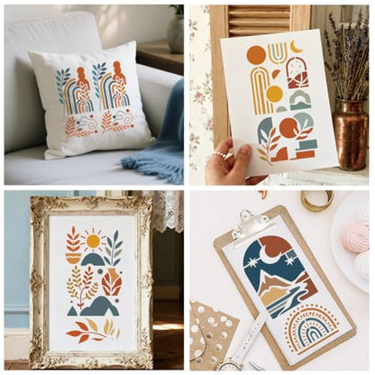 12 Sheets Boho Scene Stencil for Painting, Abstract Aesthetic Stencil Flower Leaf Sun Moon European Floral Drawing Stencils Reusable Art Template for Painting on Wall Wood Home Decor - style: Boho Scene