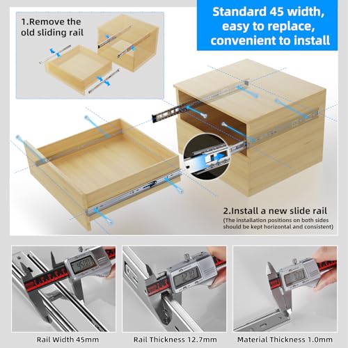 SHUHANG 10 Pair Full Extension Drawer Slides 8 10 12 14 16 18 20 22 24 Inch Ball Bearing Rails 100 lb Load Capacity Side Mount Cabinet Dresser Glides Wardrobe Kitchen Trash Can Slider Runners Silver - size: 8 Inch, style: 10 Pair (Silver)