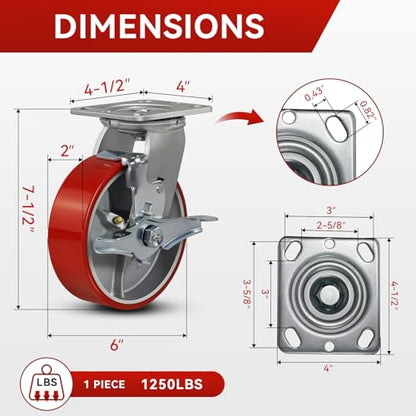 6"x2" Industrial Casters- Heavy Duty casters,Polyurethane Casters Wheel,Capacity up to 5000 Lb. Use for Platform Truck, U-Boat Cart,Workbenches(4 Brake) - style: 6 inch