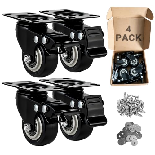 Htudcue 2 Inch Heavy Duty Caster Wheels Set of 4, Locking PU Casters with Brake, No Noise Polyurethane Wheels for Home Furniture & Workbench, 800lbs Total Load