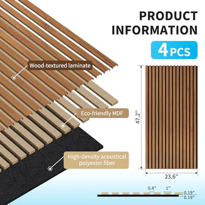 Art3d 47 x 23.6 Inch Acoustic Wood Slat Design Wall Panel, 4-Pack, Chestnut - color: Chestnut, size: 23.6" x 47"