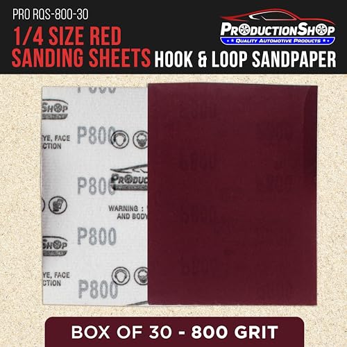 ProductionShop Premium Red 800 Grit 1/4 Sheet Size Red Sanding Sheets, Box of 30 - Hook & Loop Backing Sandpaper, Fine-Cut Abrasive - Fits Palm Sanders, Hand Sanding Blocks - Woodworking, Auto Paint - style: 800 Grit