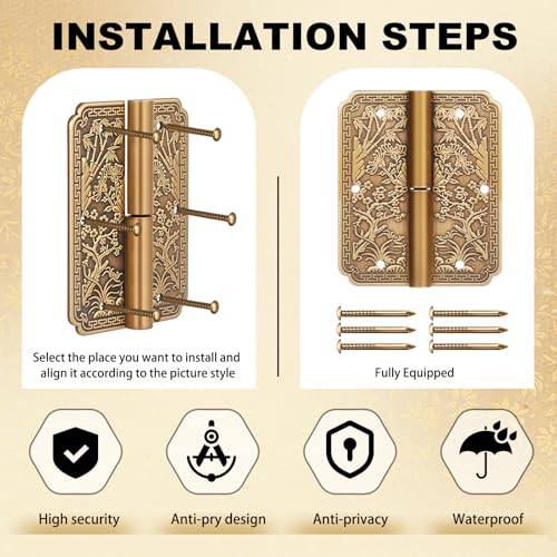 6 Pack Antique Brass Hinges for Door Cabinet, Four Season Flower - style: Flower