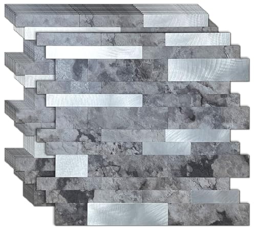 10pcs Mosaic Peel & Stick Wall Stickers,Grey Blue - color: Grey Blue Marble+Frosted Silver