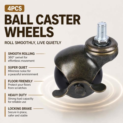 2 Inch Stem Ball Casters with Brake, M10 x 15 MM, Set of 4 Antique Brass - color: Antique Brass, size: M10 x 15 MM