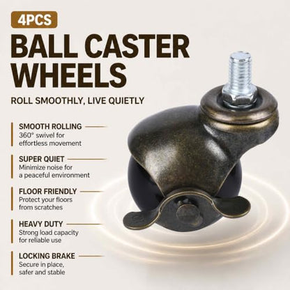 2 Inch Stem Ball Casters with Brake, M10 x 15 MM, Set of 4 Antique Brass - color: Antique Brass, size: M10 x 15 MM