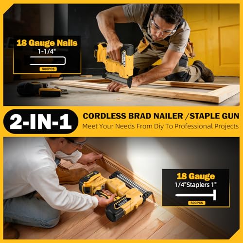 2-in-1 Cordless Brad Nailer & 1/4 Narrow Crown Stapler for DeWalt 20V Battery, 18GA Electric Nail Gun with 1000 Nails/Staples for Woodworking, DIY, and Home Renovation (Not Battery)