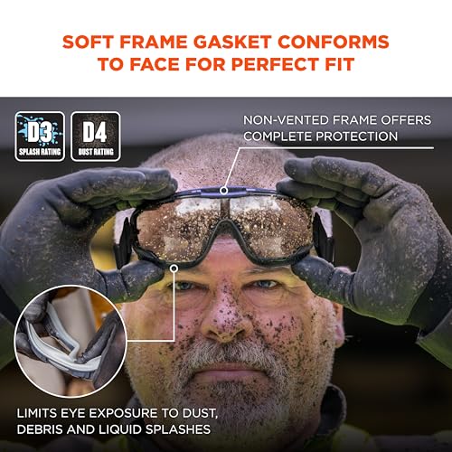 Ergodyne Skullerz Arkyn Protective Dust Safety Goggle, Non-Vented, Anti Fog, Scratch Resistant, Adjustable Fabric Strap - color: Clear Lens, style: Work Utility
