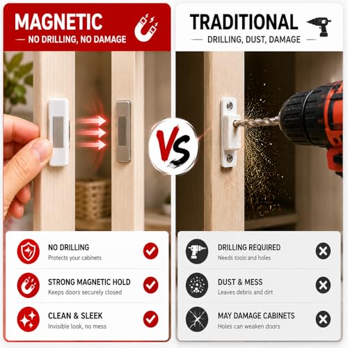 6 Pack Magnetic Cabinet Door Catch, No Drill Adhesive Magnets for Cabinet Doors, Strong Magnetic Closure for Closets, Kitchen Doors, and Shower Doors
