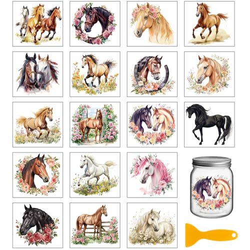 GLOBLELAND 18 Sheets Horse Transfer Stickers 3.9x3.6inch Horse and Flowers Colorful Transfer Decal Rub on Transfer for Furniture Vase Glass Art Crafts Decorations - style: Horse