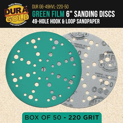 Dura-Gold 220 Grit 6" Green Film Sanding Discs, 49-Hole Pattern, Box of 50 - style: 220 Grit