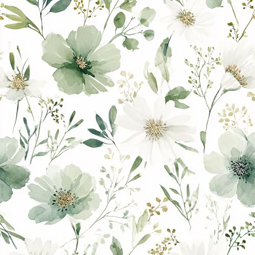 Sage Green Floral Peel and Stick Wallpaper 17.7" x 118" - color: Sage Green & White, size: 17.7" x 118"
