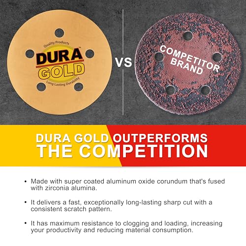 Dura-Gold 5" Gold Sanding Discs, 400 Grit, Box of 50, 5 Hole Pattern, H & L - size: 400 Grit
