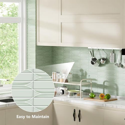Peel and Stick Backsplash Tiles 12''x12'' Light Green Wall Tile Heat Resistant 10-Sheet Waterproof Vinyl Self Adhesive Glossy Boho Sticker for Kitchen Ceramic Bathroom Living Room - color: Green