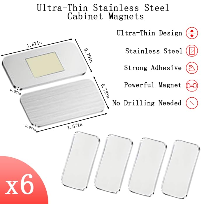 6 Pack Extra Strong Magnetic Cabinet Door Catch: No-Drill Invisible Ultra Thin Magnets, Drawer Magnets with Strong Adhesive to Stay Closed, for Kitchen, Bathroom, Closet, RV Door Closing