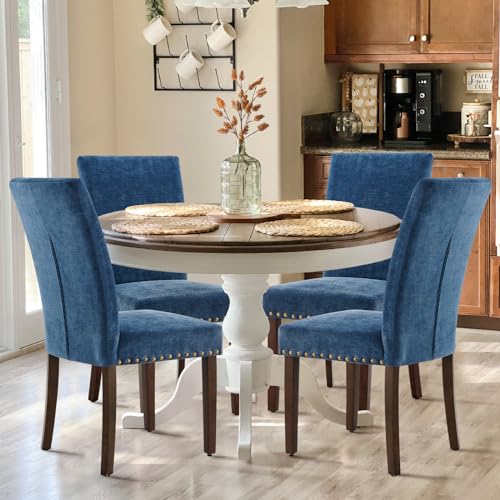 COLAMY Upholstered Parsons Dining Chairs Set of 2, Fabric Dining Room Kitchen Side Chair with Nailhead Trim and Wood Legs - Dark Blue - color: F-darkblue, size: Set of 2