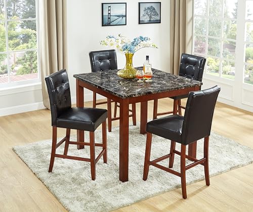 Beautiful 5pc Counter Height Dining Room Set Brown Square Table Faux Leather Upholstery Fabric Chairs Wooden Furniture