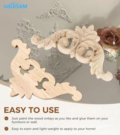4Pcs Wood Carved Appliques Corner Wooden Carving Onlays Decals for Furniture - size: 5.91 x 5.91 inches