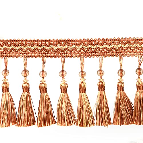 6.5 Yard Beads Tassel Handmade Fringe Trim Ribbon Trimming, 11Cm/4.3Inch Diameter Hand Knitting Tassel Fringing Trimmings for Decor, DIY - color: mix light coffee