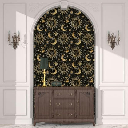 Laatse Celestial Sun Moon Wallpaper Peel and Stick 17.5"x 118",Black/Golden - color: Gold moon, size: 17.5" x 118"