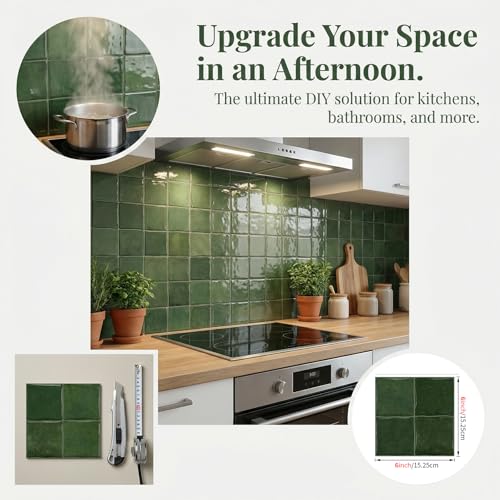 24 Sheets Sage Green 6"x6" Peel and Stick Square Tile Backsplash - color: Sage Green, size: 24 Pcs 6" x 6" x 0.05"