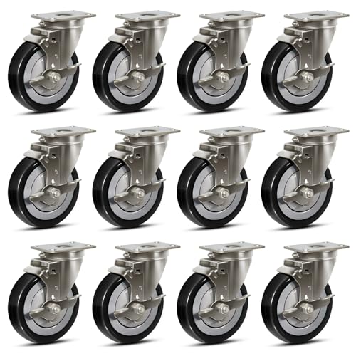 5" Stainless Steel Casters, Swivel Industrial Heavy Duty Caster Wheels, Anti-Corrosion Polyurethane Casters for Hospitals Food Labs, Each Caster Load 350 lbs (12 Brake) - style: 12 Brake