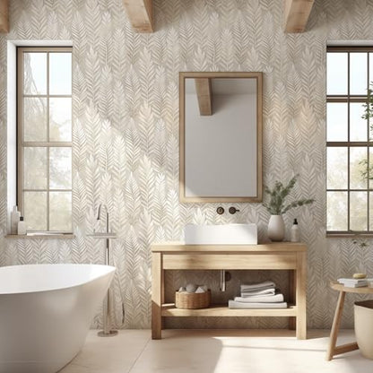 17.32" X 195.85"Beige Peel and Stick Wallpaper Modern Boho Leaf Wall paper - size: 17.3" x 196.9"