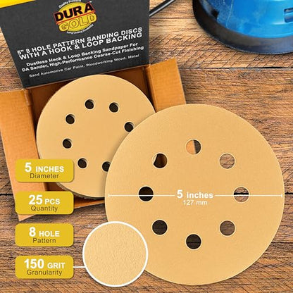 Dura-Gold 5" Gold Sanding Discs, 150 Grit, Box of 50, 8 Hole Pattern, H & L - size: 150-Grit - Gold