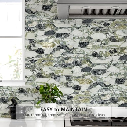 Vamos Tile Glossy Ice Green Backsplash Tile Peel and Stick, 12.8 x 12.8 Inch 10 Sheets Long Hexagon PVC Self Adhesive Mosaic Wall Tiles Stick on Backsplash for Kitchen Bathroom and Fireplace - color: Glossy Ice Green