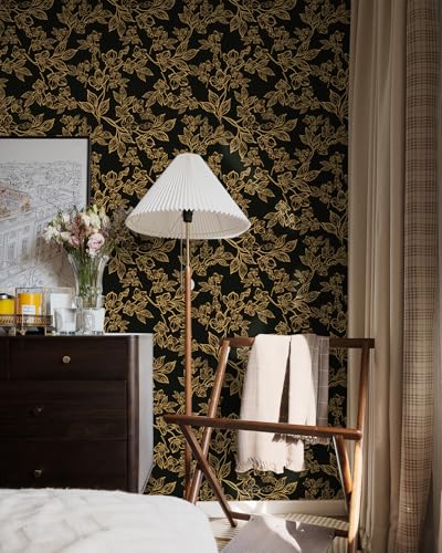 Ismoon Dark Floral Peel Stick Wallpaper Black Gold Wallpaper 17.3x78.7in - color: Black/Gold, size: 17.3" x 78.7"