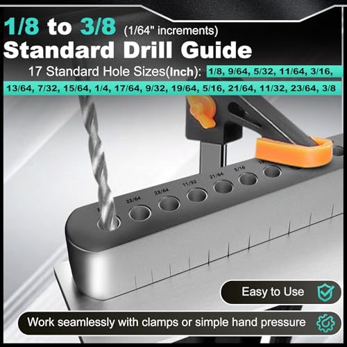 STD1000DGNP Drill Guide for Straight Holes, 17 Drill Sizes, From 1/8" to 3/8", in 1/64" Increments, Heat-Treated Steel, Drill Jig Block, Drill Bit Guide, Lifetime Free Replacement