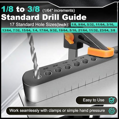 STD1000DGNP Drill Guide for Straight Holes, 17 Drill Sizes, From 1/8" to 3/8", in 1/64" Increments, Heat-Treated Steel, Drill Jig Block, Drill Bit Guide, Lifetime Free Replacement