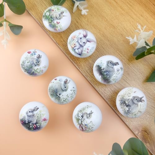 8Pack1.5 Rabbit with Flowers Ceramics Handle Knob Cute Safari Animal Decor Cabinet Dresser Drawer Knobs and Pulls