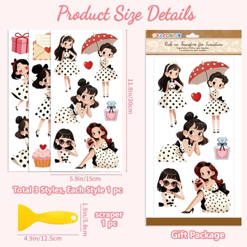Peacoblue Polka Dot Girl Rub On Transfers for Furniture 6"x12" - style: Cartoon Girl with Polka Dot Skirt