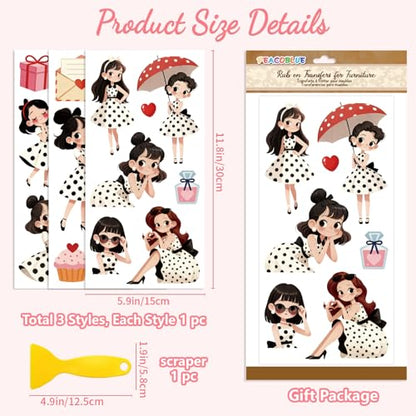 Peacoblue Polka Dot Girl Rub On Transfers for Furniture 6"x12" - style: Cartoon Girl with Polka Dot Skirt