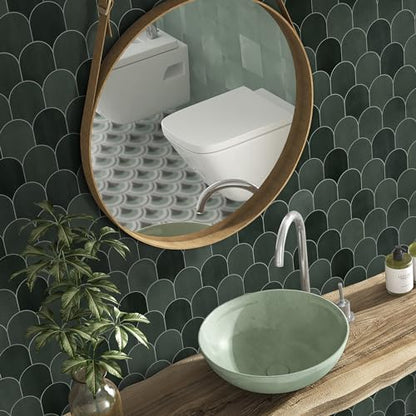 10-Sheet Fish Scale Peel and Stick Backsplash Tile, 11.4" x 10.9" Stone Composite Scallop Handmade Looks Self-Adhesive Wall Tiles for Kitchen Bathroom, Green Mixed - color: Green Mixed, size: Fish Scale