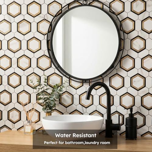 Diflart 10-Pack Peel and Stick Black White Gold Hexagon Backsplash Tile - color: White Marble + Gold + Black Metal Flower, size: 10 Sheets