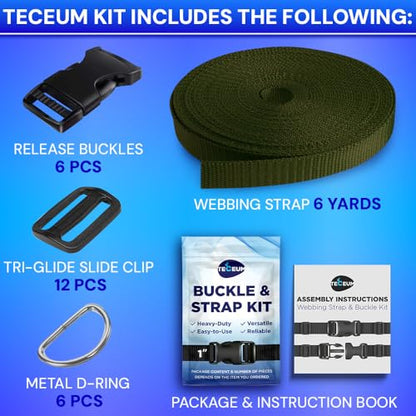 TECEUM 1" Nylon Strap Kit with Buckles, Khaki 6 yards Repair Set - color: Khaki, size: 1" - 6 yards, style: 6 Buckle - 12 Slides - 6 D-rind