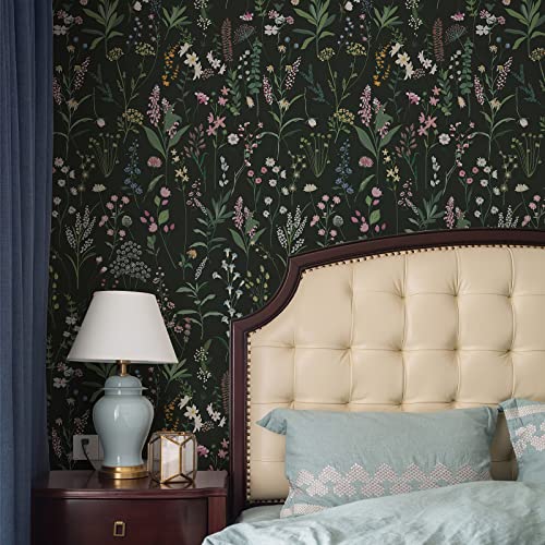 JiffDiff Dark Green Botanical Floral Peel and Stick Wallpaper, 17.3" x 118" - color: Dark Green, size: 17.3" x 118"