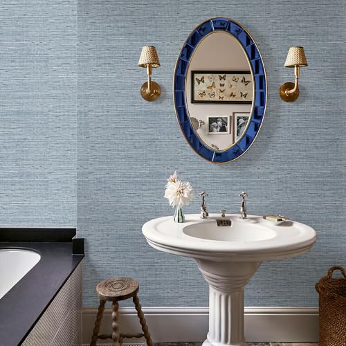 HueBurst Grasscloth Peel and Stick Wallpaper 17.3" x 197" Blue Textured Grasscloth Wall Paper Renter Friendly Wallpaper Self Adhesive Removable for Bathroom Bedroom - color: Blue, size: 17.3" x 197"