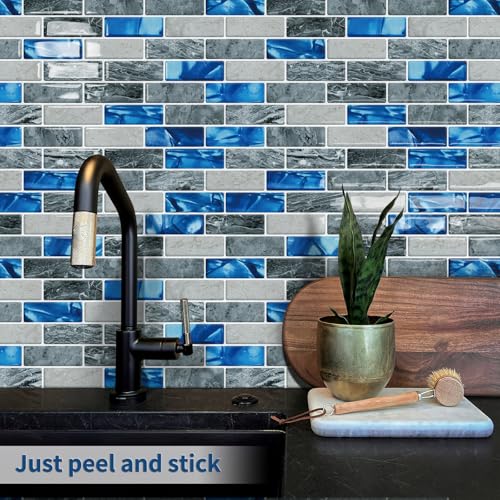 Peel and Stick Backsplash 3D Self Adhesive Marble Wall Tile 10 Sheet - color: Blue